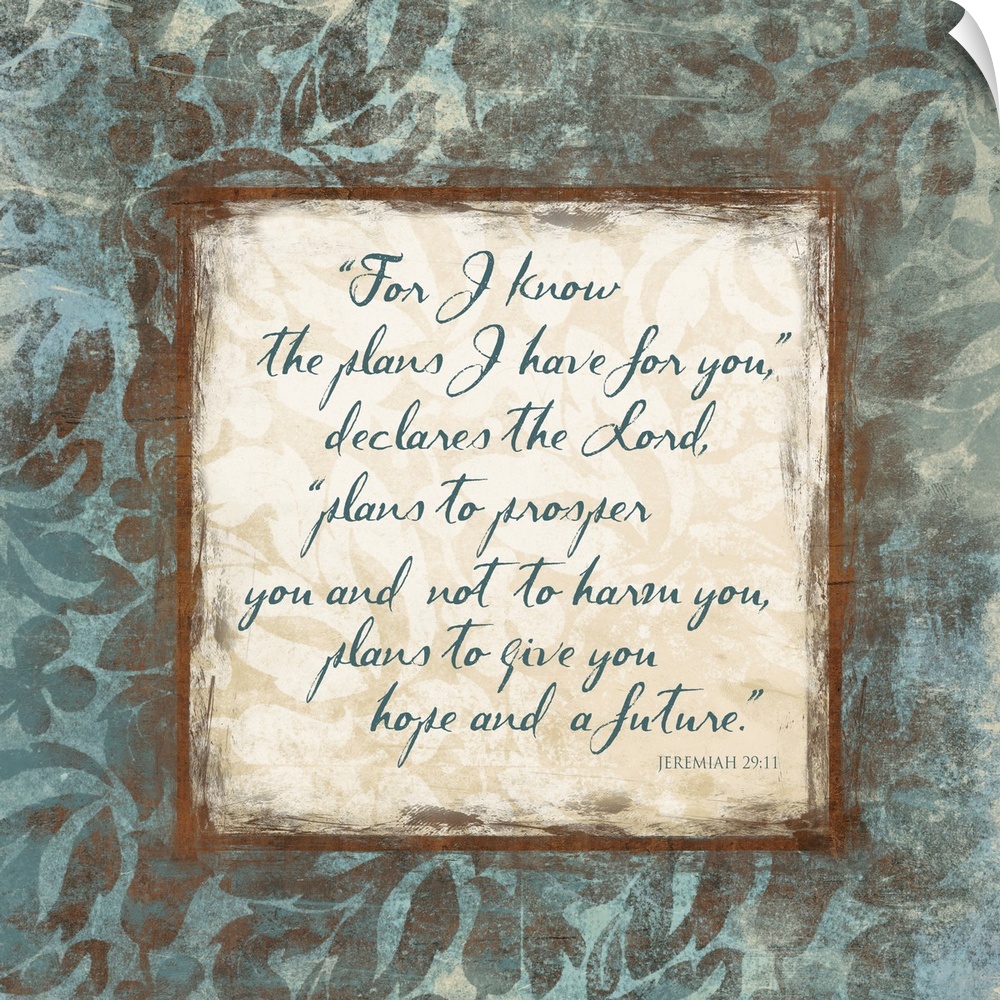 Scripture artwork with script "Jeremiah 29:11" from the bible, surrounded by a floral pattern.