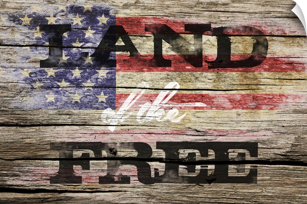 The phrase ?Land of the Free? placed on a distressed wooden panel background with an American flag overlay.�