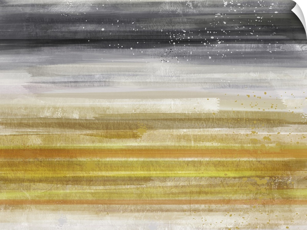 Abstract painting with horizontal faded streaks in a warm and cool tones.
