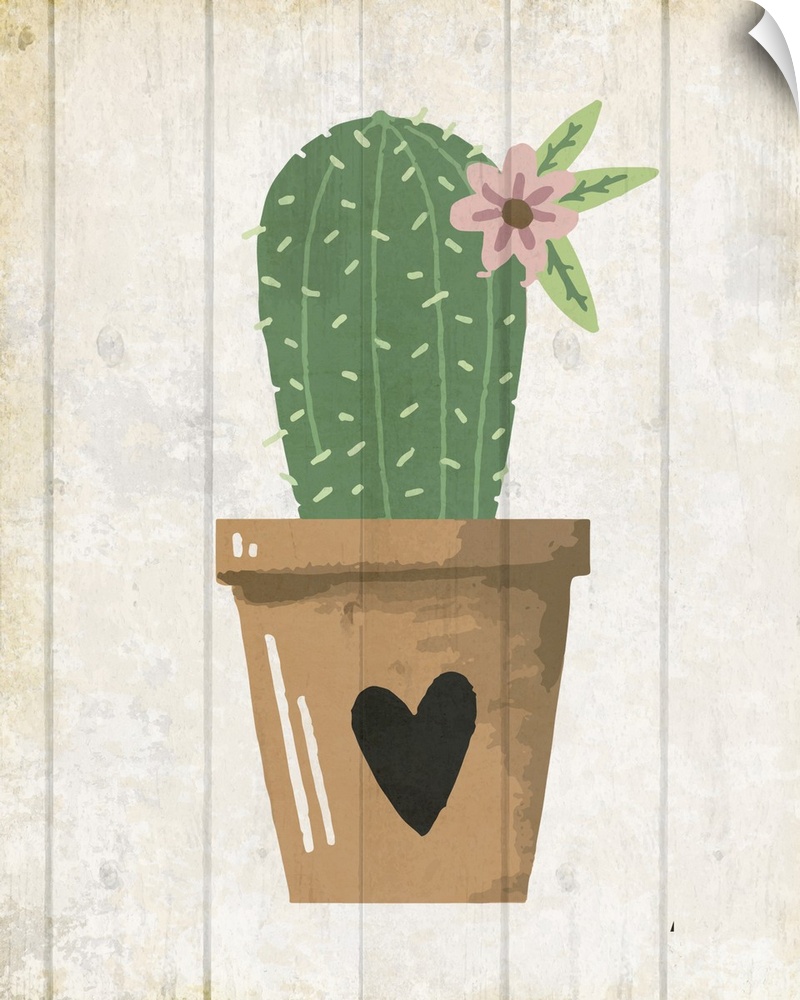 A painting of a cactus with a flower in a clay pot with a heart painted on it placed on a wooden background.
