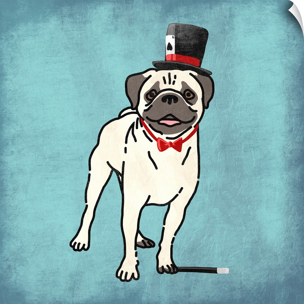 A painting of a pug dressed as a magician.