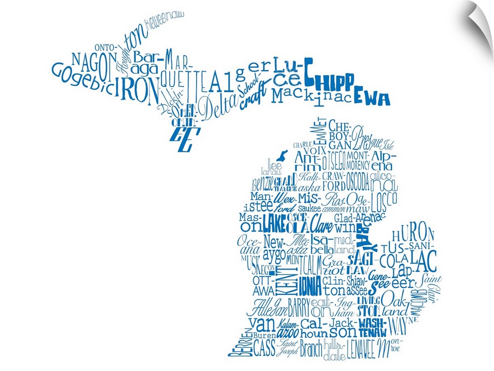 Contemporary painting using typography to make the shape of the state of Michigan.