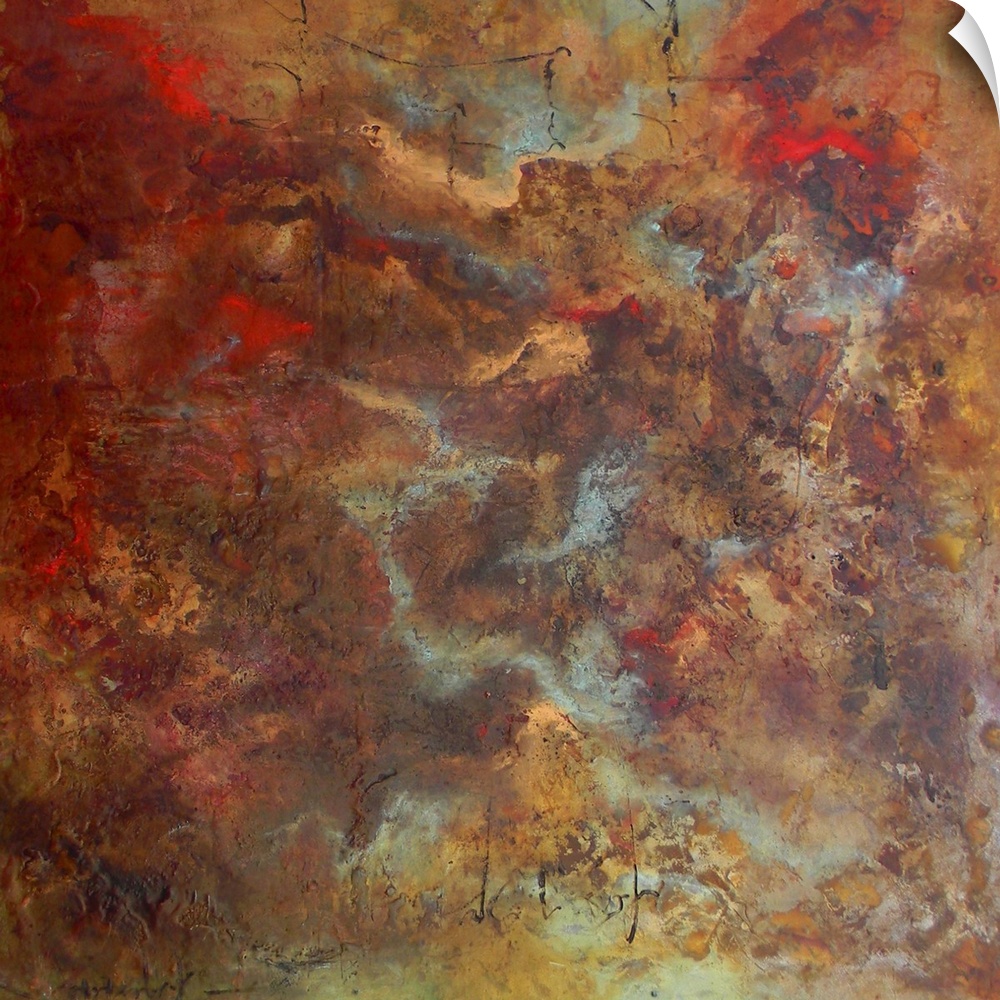 Square abstract painting in metallic copper shades.