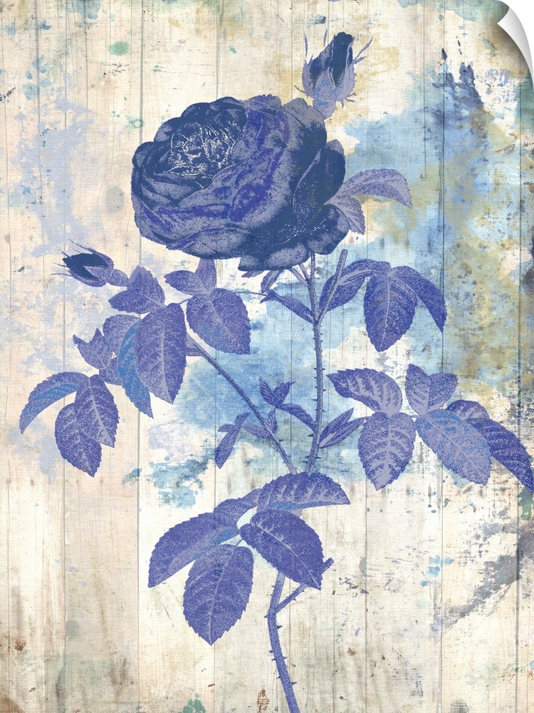 Artwork of a blue flower against a weathered and washed looking background.