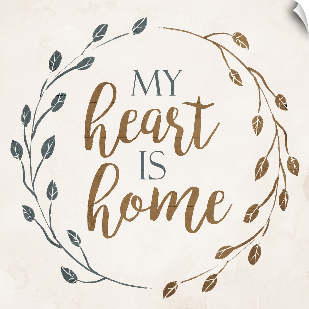 "My Heart is Home" with a wreath of leaves on a cream background.