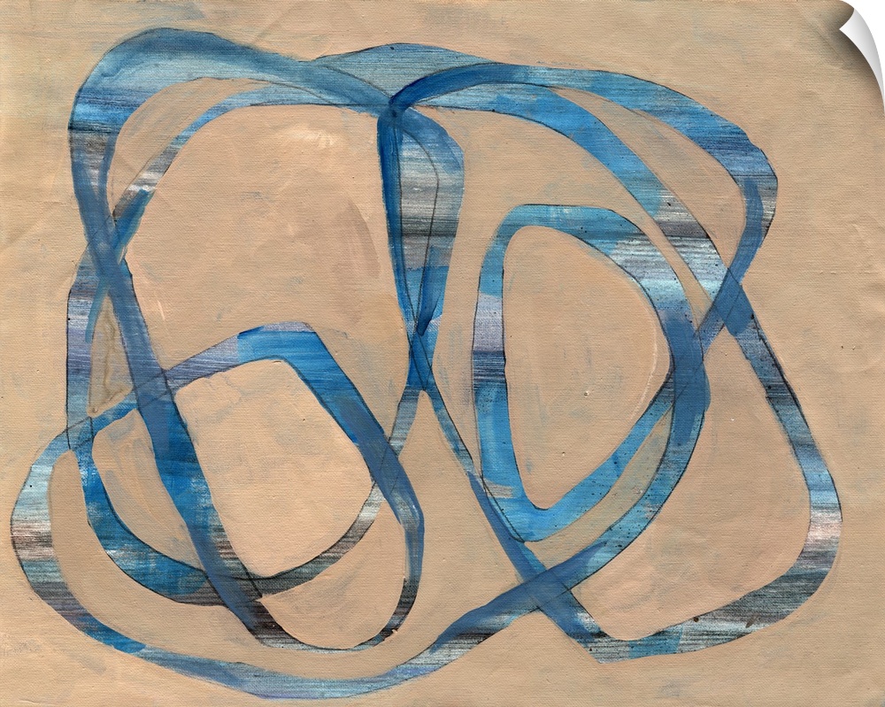 Contemporary abstract painting of blue swirling lines on a neutral background.