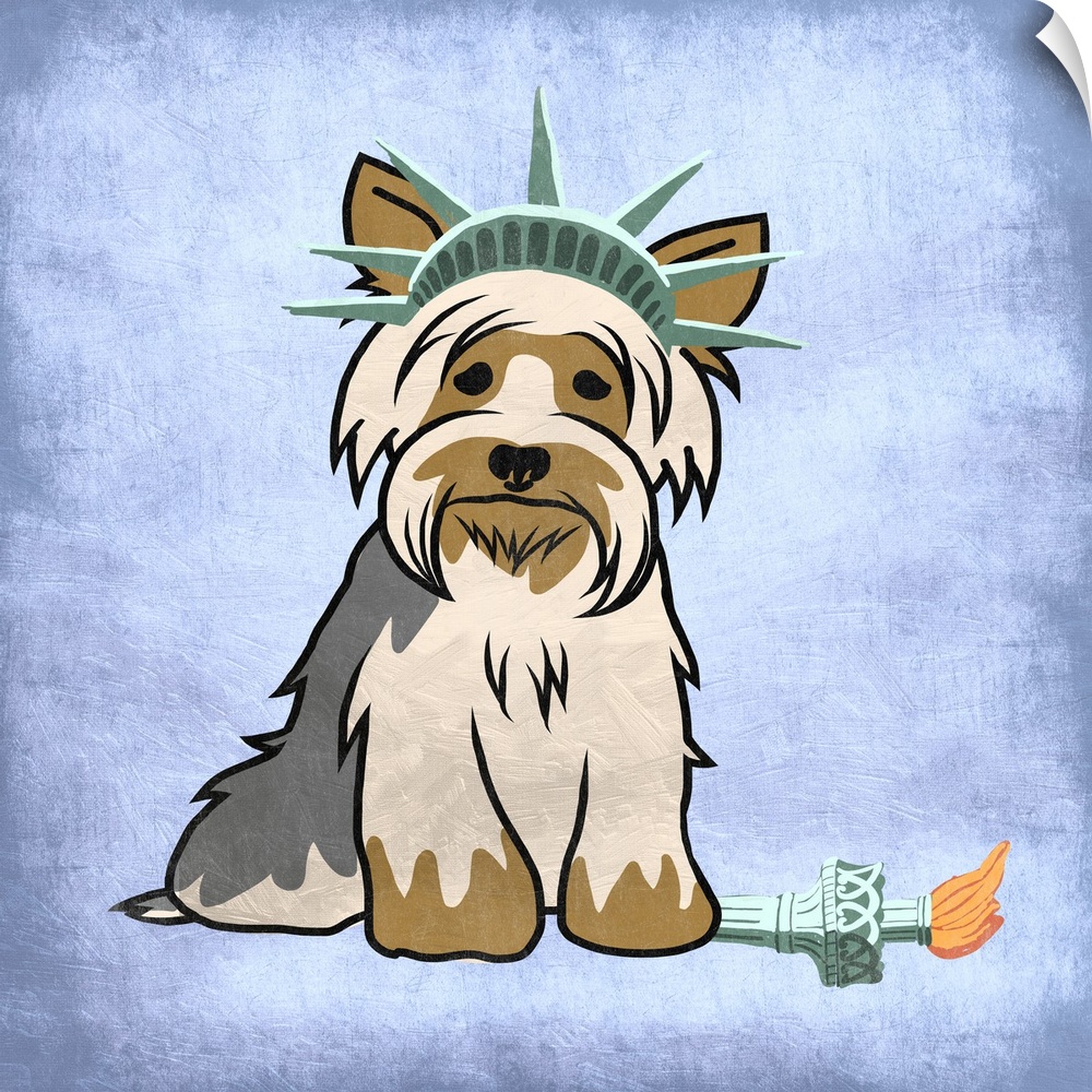 A painting of a yorkie dressed up like the Statue of Liberty.