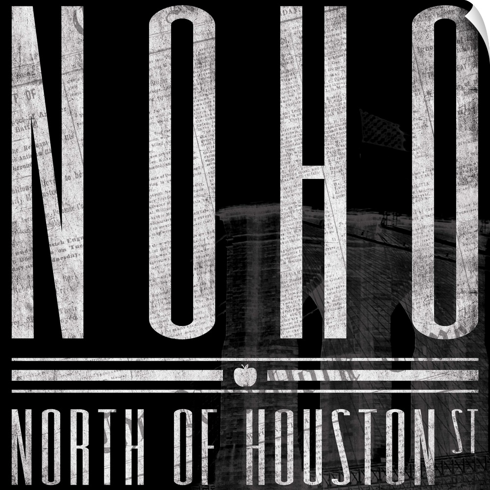 Typographical artwork of New York City destination NOHO against a black background, with building.
