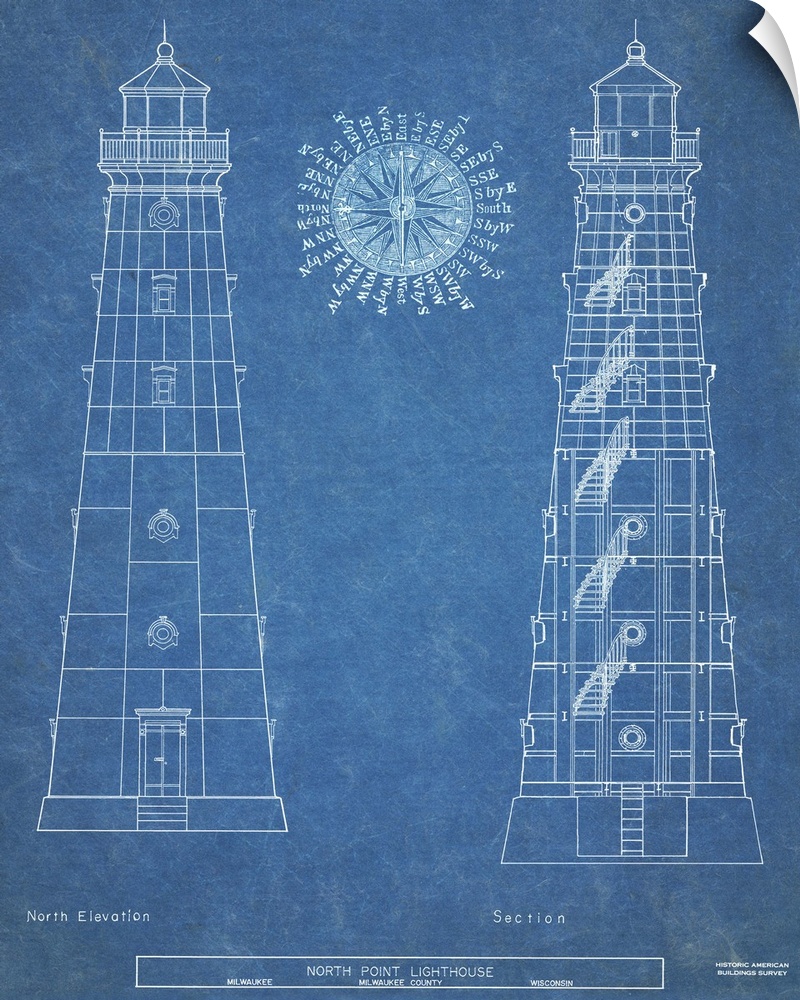 Contemporary artwork in technical blueprint style of North Hope lighthouse.