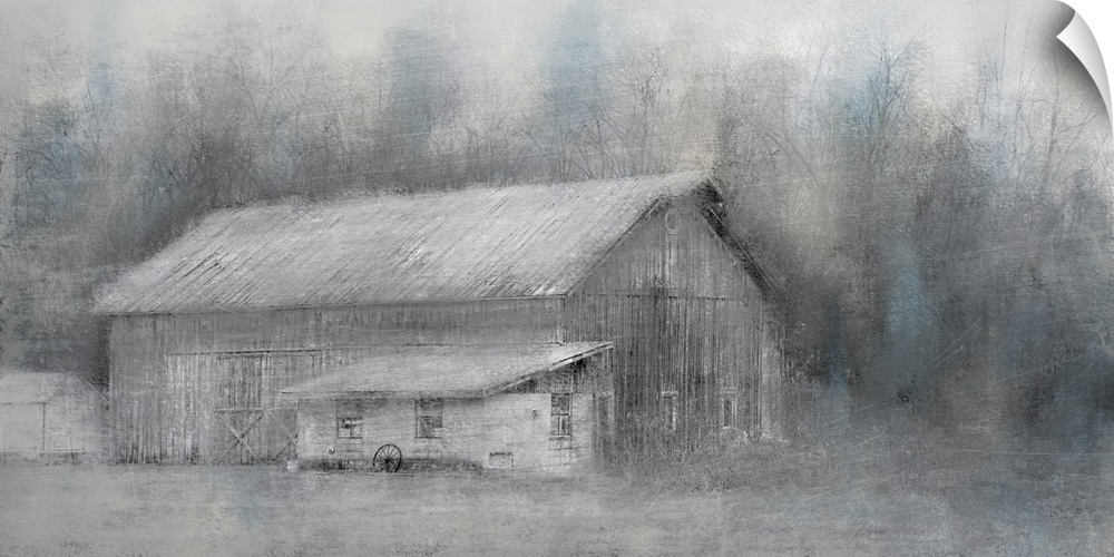 An image in shades of gray of a barn with trees behind it with a textured overlay.