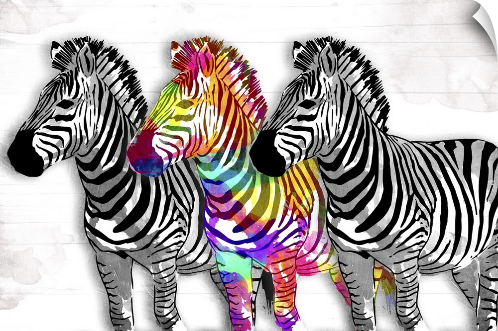 Contemporary artwork of a zebra with multi-colored paint.