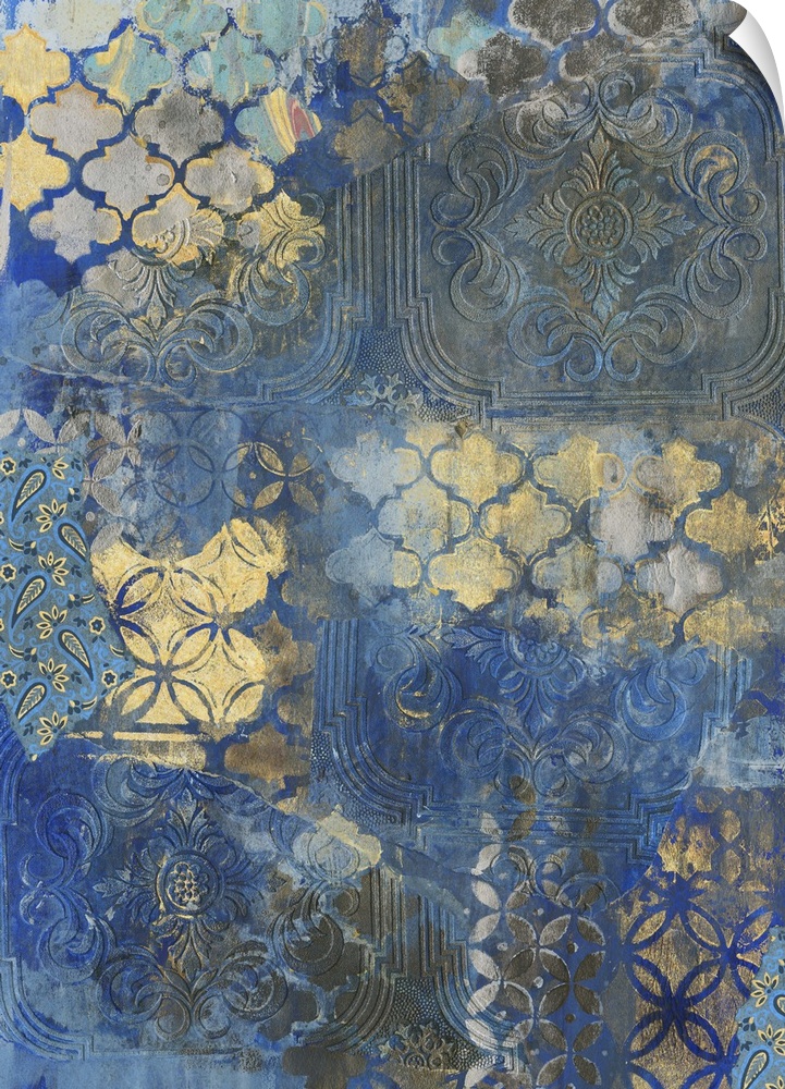 Contemporary pattern home decor artwork of gold ornate patterns against a dark blue background.