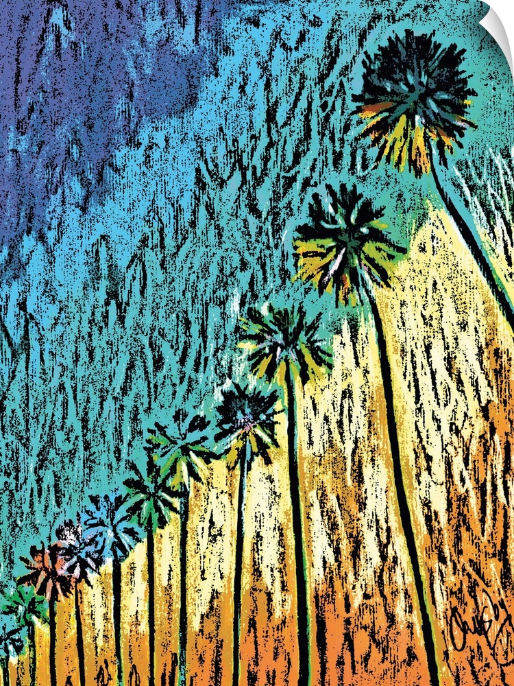 Contemporary piece of art of a row of tall palm trees. In a modern textured style.