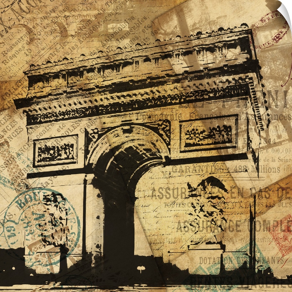 Contemporary artwork of the Arc de Triomphe against travel and postage documentation in sepia tone.