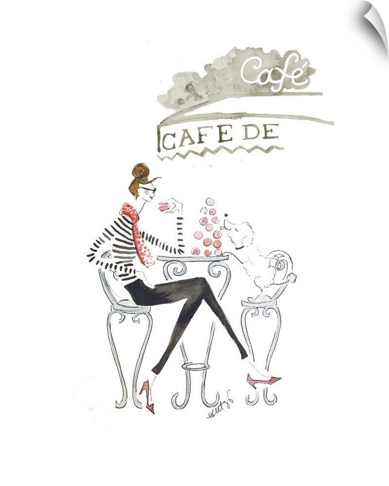 Artwork of a slender fashionable woman sitting at a Parisian cafe table against a white background.
