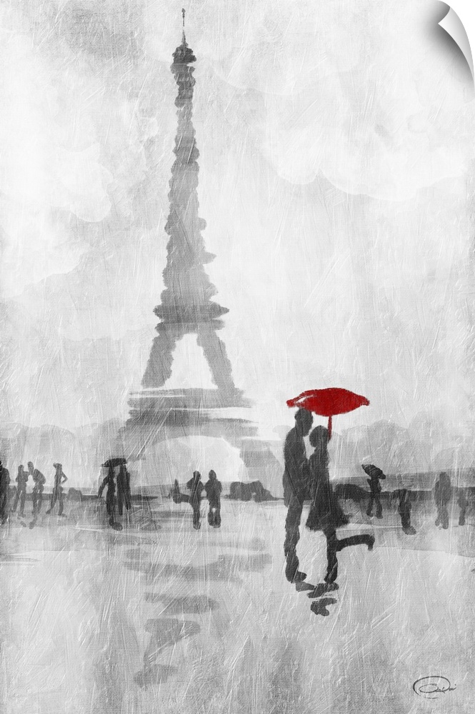 Watercolor painting of a couple with a red umbrella embracing near the Eiffel Tower.