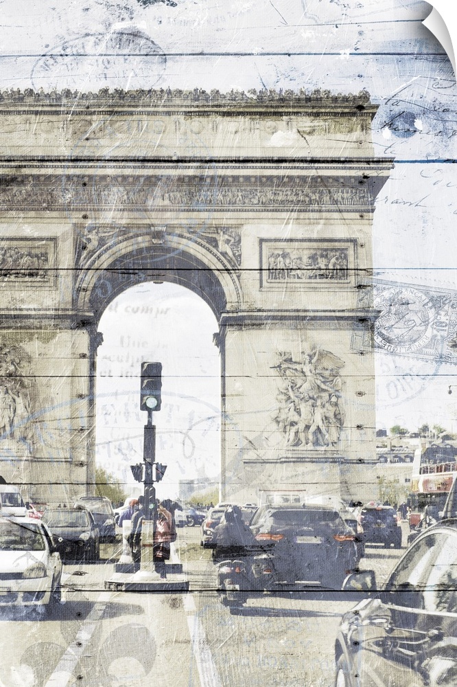 Photograph of the Arc de Triomphe with rows of traffic in the foreground and a faint wood panel and postage stamp overlay.