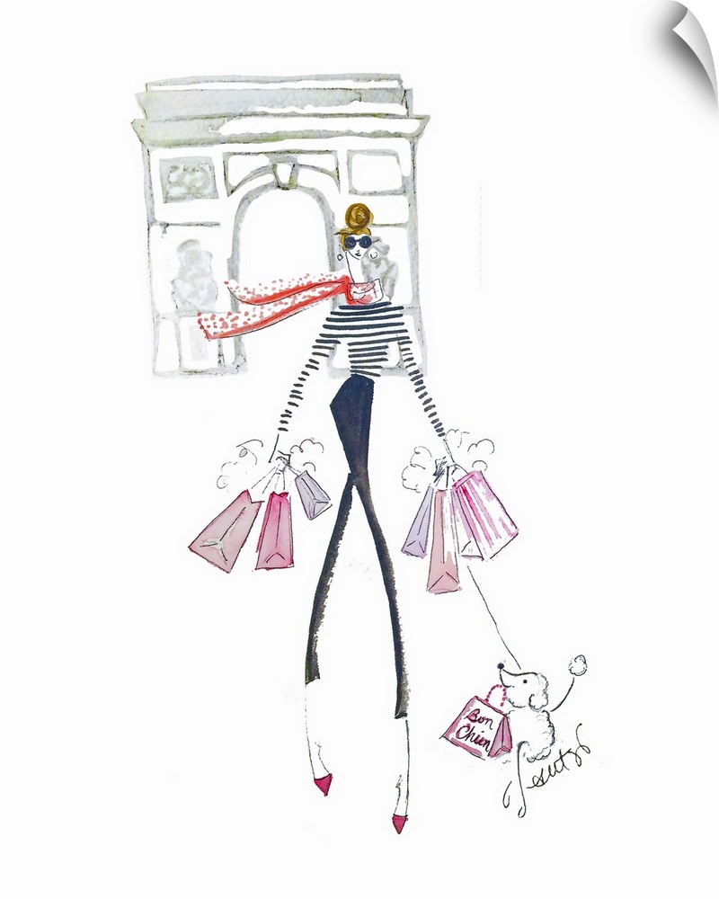 Artwork of a slender fashionable woman holding shopping bags while walking her dog with a Parisian landmark in the backgro...