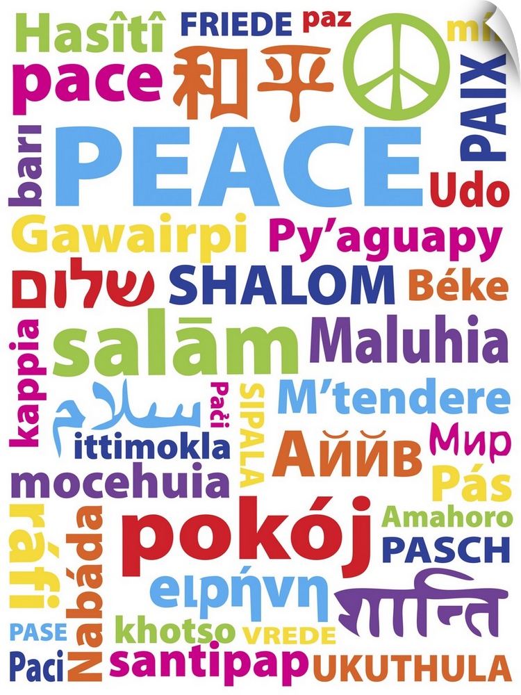 Typography art with the word "Peace" in many different languages.