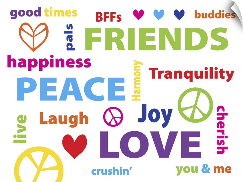 Typography art with the words "Peace, Love, Friends" in many different languages.