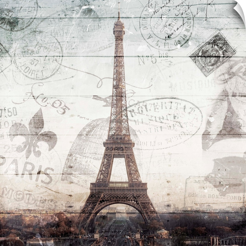 Square photograph of the Eiffel Tower with a Paris cityscape underneath and a faint wood panel and postage stamp overlay.