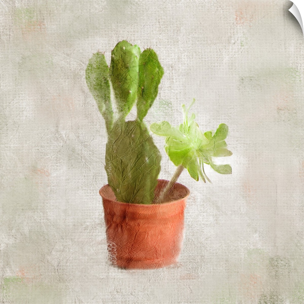 A textured painting of a potted cactus.