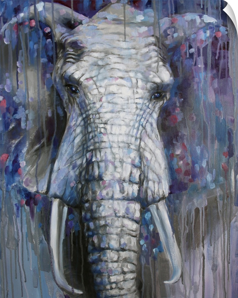 Contemporary painting of an African elephant surrounded by dark colors.