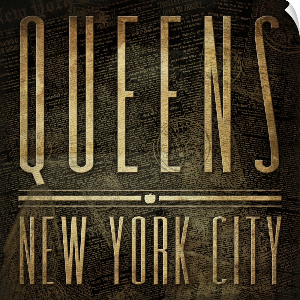 Typographical travel art with the text "Queens, New York City" in a rustic, weathered look.