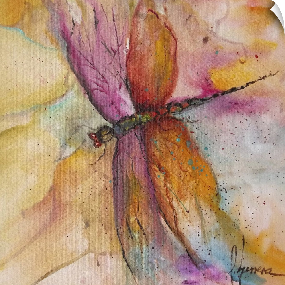 Contemporary watercolor painting of a colorful dragonfly.