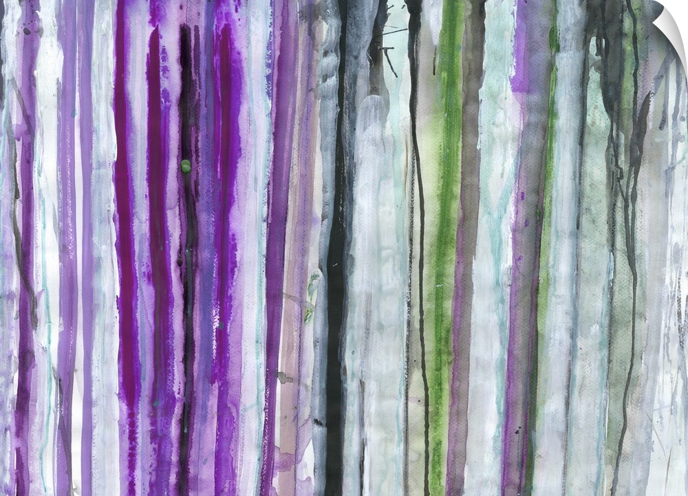 Contemporary abstract artwork of vertical paint strokes in shades of purple and grey.