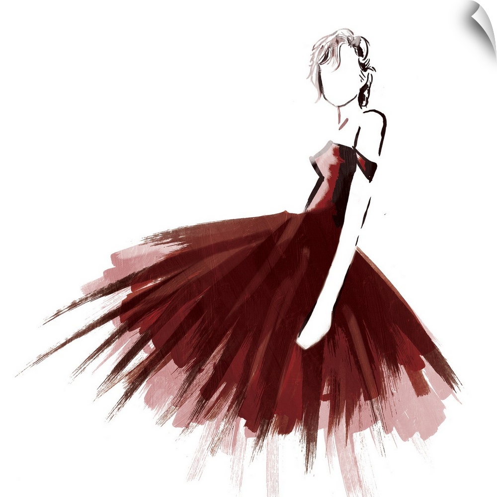 Square illustration of a woman wearing a deep red dress.