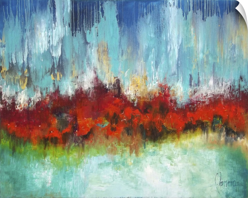 Brightly colored contemporary abstract painting with heavy texture.