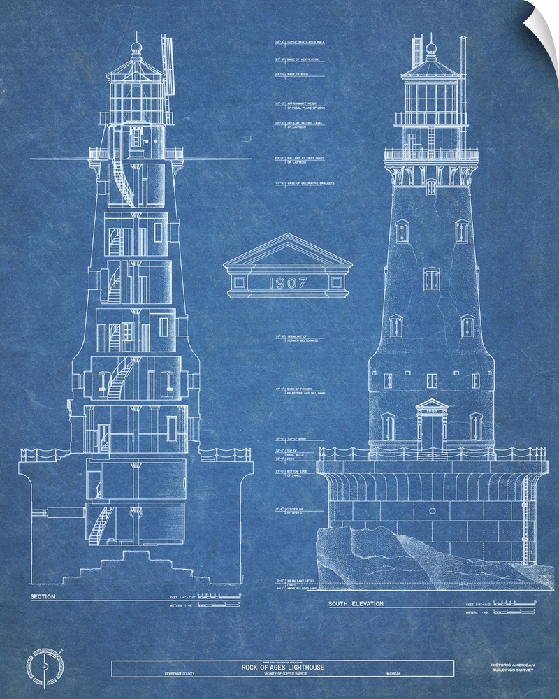 Contemporary artwork in technical blueprint style of Rock of Ages lighthouse.
