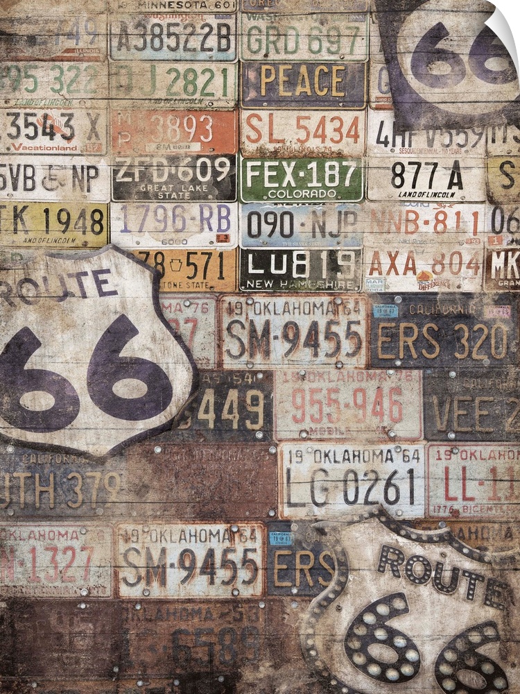 Image compilation of route 66 signs, and license plates from different states.