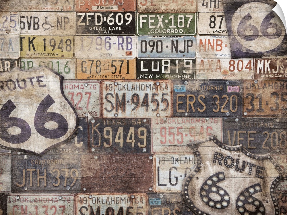 Image compilation of route 66 signs, and license plates from different states.