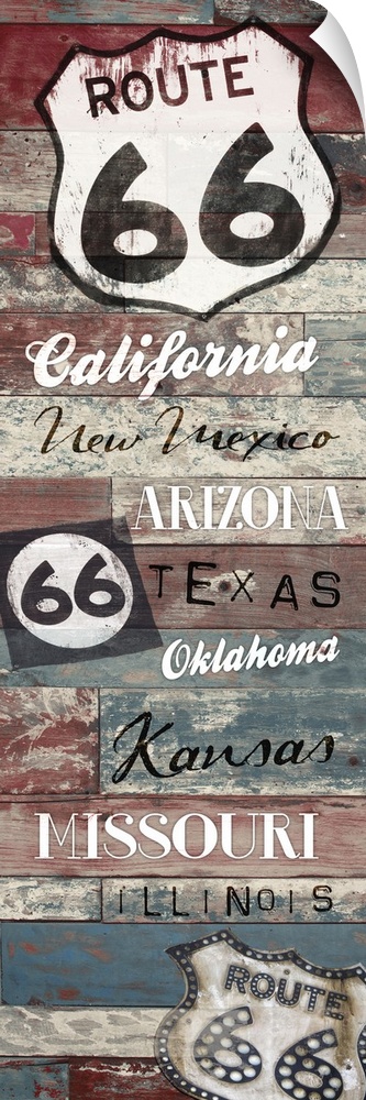 Vertical artwork depicting "route 66" signs with state names.