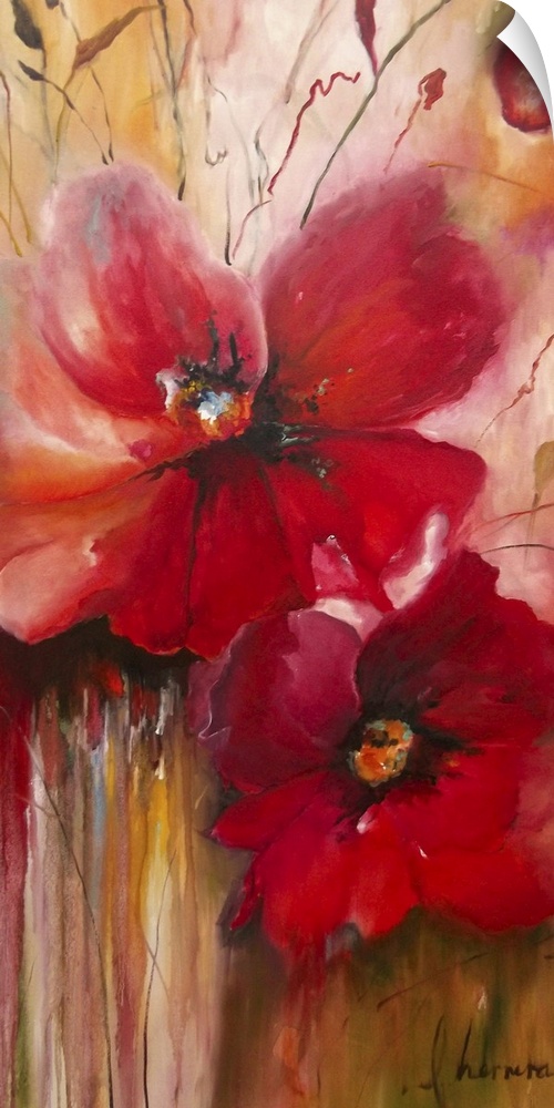 Contemporary painting of two bright red flowers.