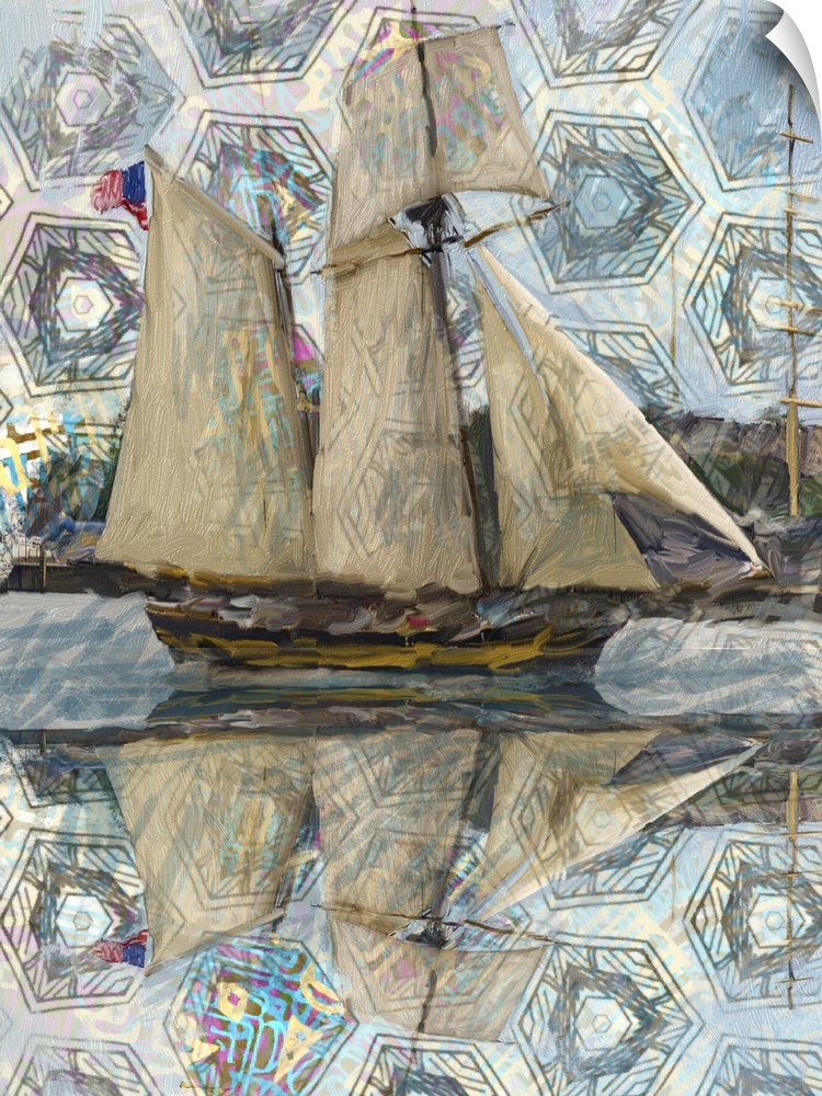 Abstract painting of a sailboat with a hexagon pattern on the sky reflecting into the water.