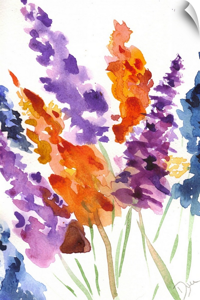 Watercolor painting of brightly colored blooming flowers against a white background.