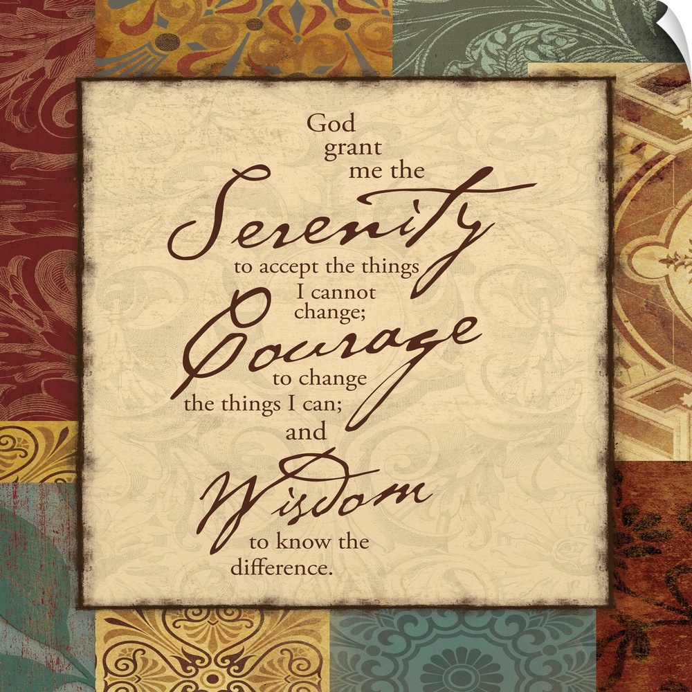 Scripture art on earth toned surface, surrounded by floral and decorative patterns.