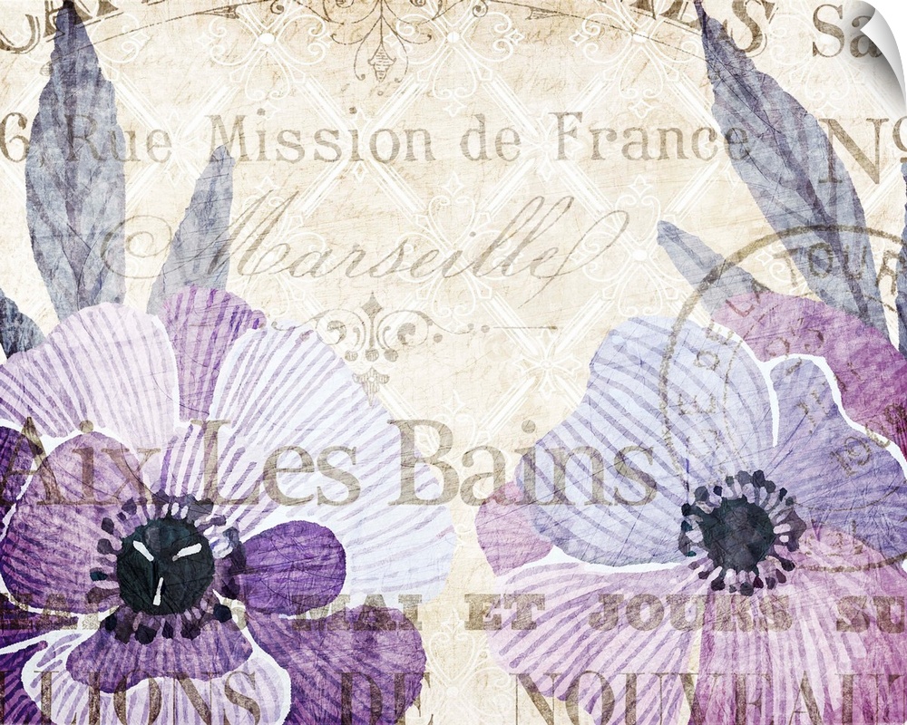 Purple and indigo illustrated flowers on a sepia toned background with an overlay of French text all over.
