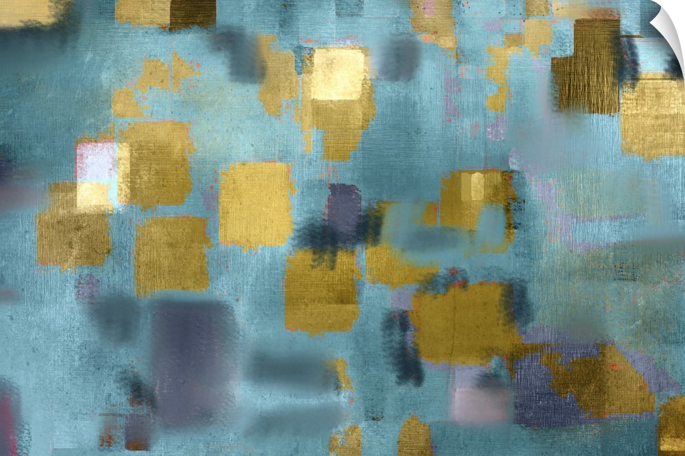 Abstract contemporary painting in aqua blue with golden squares.
