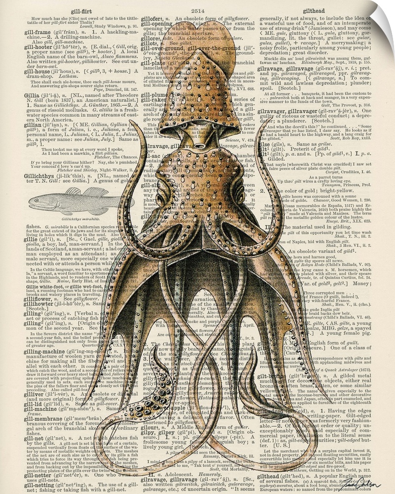 Contemporary artistic use of a page from a dictionary with a scientific illustration of a squid on top of the text.