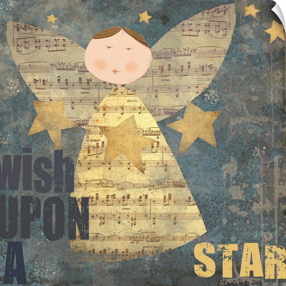 Square framed contemporary art with an angel figure in the center of the image. Surrounded by stars and text.
