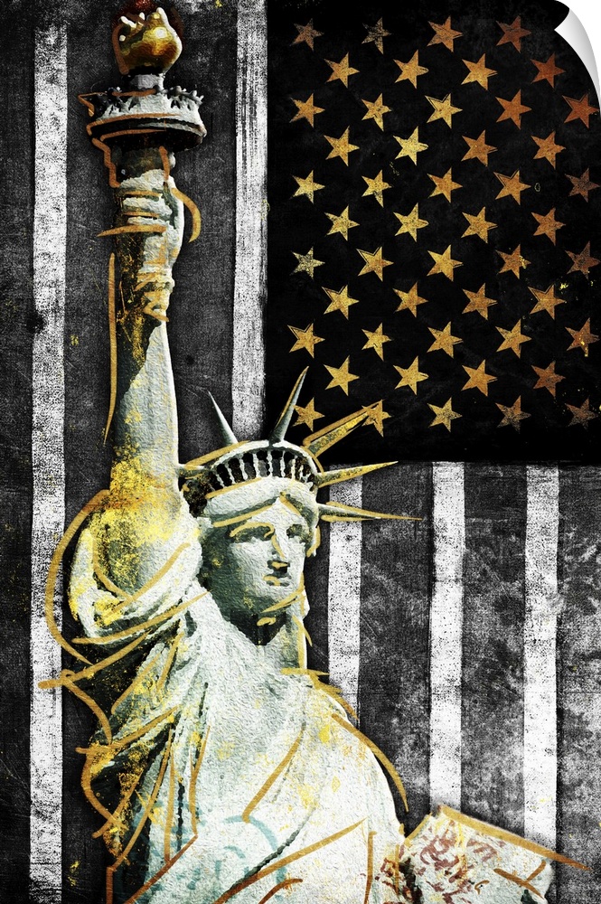 The Statue of Liberty in front of a black, white, and gold American Flag.