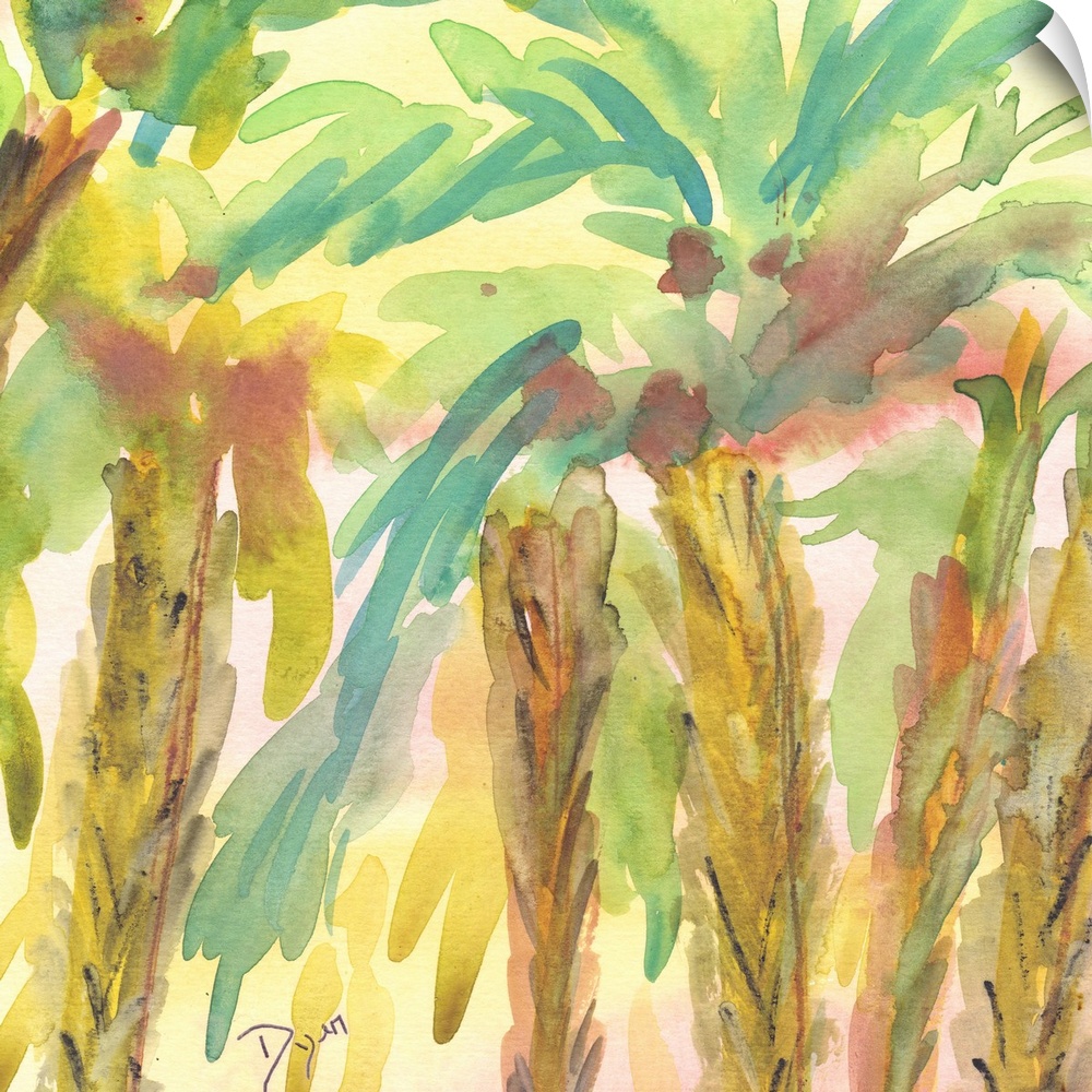Watercolor artwork of a grove of palm trees in pastel tropical shades.