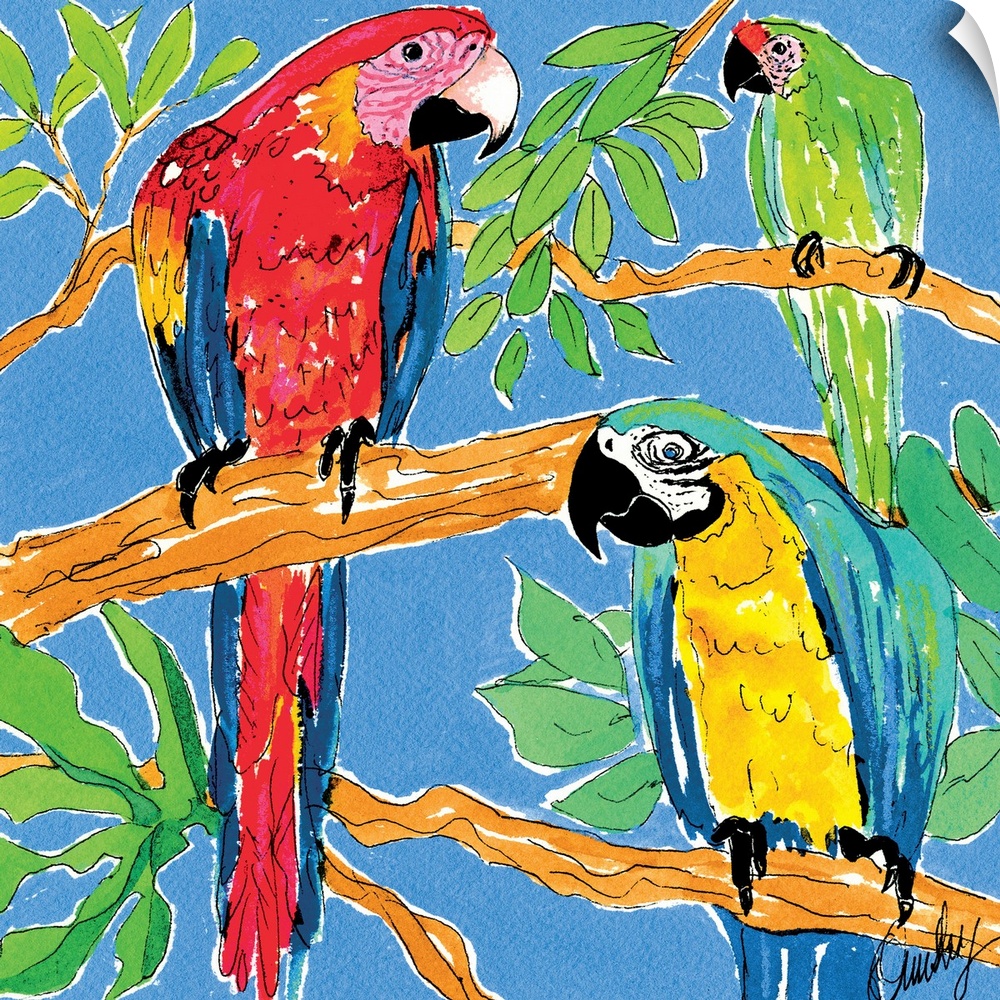 Contemporary artwork of three brightly colored macaw parrots, sitting on a branch together. Surrounded by lush tropical le...