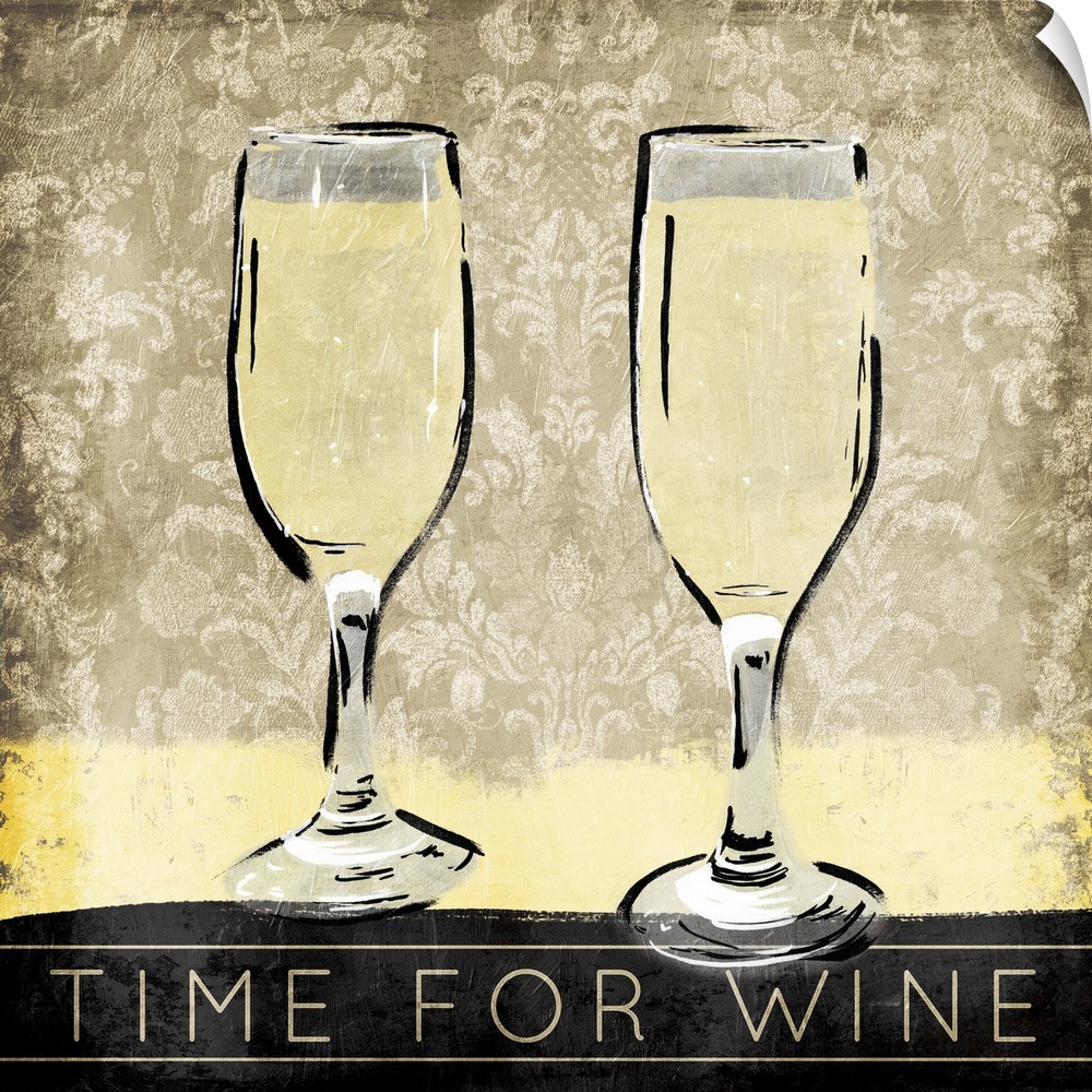 A painting of two white wine flutes with a decorative background and the phrase "Time for Wine" at the bottom.