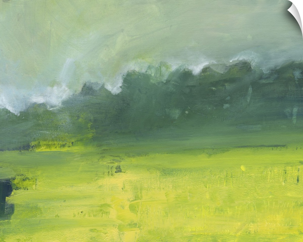 Contemporary landscape painting of a field with a row of trees in the distance.