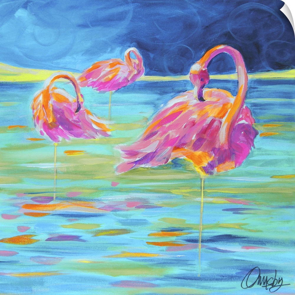 Contemporary painting of three flamingos standing in water.